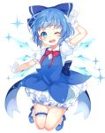  1girl bangs bloomers blue_bow blue_dress blue_eyes blue_hair blue_shoes blush bow bowtie cirno dress gloves hair_bow high_heels highres ice ice_wings leg_garter looking_at_viewer one_eye_closed open_mouth paragasu_(parags112) red_bow red_bowtie salute shoes short_hair simple_background smile solo sparkle teeth touhou underwear white_background white_gloves wings 