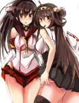  2girls ahoge bare_shoulders black_skirt blush breasts brown_eyes brown_hair commentary_request haik hair_between_eyes hairband highres japanese_clothes kantai_collection kongou_(kantai_collection) large_breasts long_hair looking_at_viewer miniskirt multiple_girls nontraditional_miko ponytail red_skirt sketch skirt yamato_(kantai_collection) 