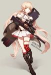  1girl black_boots boots brown_eyes character_name chen_feng_si copyright_name cross-laced_footwear girls_frontline gun holding holding_gun holding_weapon light_brown_hair long_hair mecha_musume ots-14_(girls_frontline) personification red_legwear single_thighhigh solo standing striped striped_legwear thigh-highs weapon 