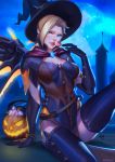  1girl alternate_costume arm_support blonde_hair blue_eyes bracelet candy eva_solo gloves hat highres jack-o&#039;-lantern jewelry lollipop looking_at_viewer mechanical_wings mercy_(overwatch) moon night night_sky overwatch parted_lips sitting sky smile solo star_(sky) starry_sky wings witch witch_hat witch_mercy 