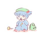  1girl backpack bag blue_eyes blue_hair hair_bobbles hair_ornament highres kawashiro_nitori key pacifier solo toddler touhou two_side_up yoruny 