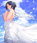  1girl bangs bare_back black_hair clouds cloudy_sky dress hayami_kanade highres idolmaster idolmaster_cinderella_girls jjune one_eye_closed open-back_dress parted_bangs parted_lips short_hair sky solo white_dress yellow_eyes 