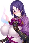  1girl blush bodysuit breasts fate/grand_order fate_(series) fingerless_gloves gloves inayama large_breasts long_hair looking_at_viewer minamoto_no_yorimitsu_(fate/grand_order) purple_hair simple_background solo tears trembling very_long_hair violet_eyes 