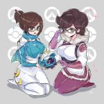  2girls adjusting_glasses breasts brown_eyes brown_hair capelet cosplay costume_switch crossover fur_trim glasses gloves green_eyes hair_bun hair_ornament hairpin highres large_breasts mei_(overwatch) mei_(overwatch)_(cosplay) multiple_girls overwatch pokemon pokemon_(game) pokemon_sm rinrin_(hiouurin) robot seiza short_hair sitting snowball_(overwatch) turtleneck wicke_(pokemon) wicke_(pokemon)_(cosplay) winter_clothes 
