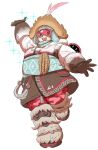  1girl arm_up blue_scarf boots brown_eyes brown_gloves canister full_body fur-lined_boots fur_boots gloves goggles hat looking_at_viewer mei_(overwatch) open_mouth overwatch rope scarf simple_background smile snowball solo sparkle teeth white_fur 