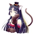  1girl animal_ears bangs bare_shoulders black_eyes black_hair breasts cat_ears cat_tail closed_mouth eyebrows eyebrows_visible_through_hair eyelashes frills frown gloves hand_on_own_cheek hat head_rest kyou_(karankoron) kyoukai_no_rinne lace_trim long_hair looking_at_viewer mini_hat parted_bangs paw_gloves ribbon_trim shima_renge simple_background small_breasts solo strap_slip tail upper_body white_background 