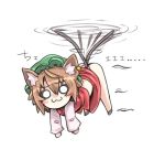  1girl :3 animal_ears blush brown_hair cat_ears cat_tail chen chibi closed_mouth flying full_body hat jewelry long_sleeves looking_at_viewer mob_cap multiple_tails ototobe short_hair single_earring solid_circle_eyes solo tail touhou two_tails 