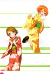  2girls absurdres artist_request blush cotton_candy floral_print food green_eyes hair_ornament highres hoshizora_rin japanese_clothes kimono koizumi_hanayo light_brown_hair looking_at_viewer looking_back love_live! love_live!_school_idol_festival love_live!_school_idol_project multiple_girls obi one_eye_closed open_mouth orange_hair sandals sash scan short_hair simple_background smile violet_eyes wide_sleeves 