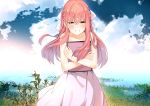  1girl bare_shoulders blush bow brown_eyes clouds cloudy_sky crying dress hair_bow happy_tears highres hug jun_project long_hair pink_hair plant shelter_(music_video) sky sleeveless solo streaming_tears tablet_pc tears 