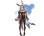  1girl animal_ears blue_eyes blue_hair breasts bunnysuit choker cleavage coat full_body fur_trim gloves granblue_fantasy hand_on_own_chest high_heels holding holding_weapon leotard looking_at_viewer minaba_hideo pantyhose rabbit_ears ribbon simple_background solo standing sword therese_(granblue_fantasy) weapon white_background white_gloves 