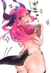  1girl armor ass black_legwear blue_eyes elizabeth_bathory_(brave)_(fate) fate/extra fate/extra_ccc fate/grand_order fate_(series) heart heart-shaped_pupils highres horns lancer_(fate/extra_ccc) long_hair looking_at_viewer looking_back pointy_ears purple_hair shirisensha short_hair shoulder_armor simple_background smile symbol-shaped_pupils tail tears thigh-highs white_background 