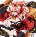  1girl :d animal_ears bare_shoulders bell bell_collar black_legwear bow breasts cleavage collar cowboy_shot detached_sleeves fang fate/grand_order fate_(series) fox_ears fox_girl fox_tail hair_bow japanese_clothes jingle_bell large_breasts leaning_forward long_sleeves looking_at_viewer obi open_mouth paws pink_hair red_bow sash smile solo tail takatsuki_ichi tamamo_(fate)_(all) tamamo_cat_(fate) thigh-highs wide_sleeves yellow_eyes 