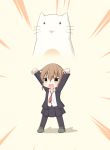  &gt;:o 1girl 1koma :o arms_up black_legwear blazer brown_eyes brown_hair cat collared_shirt comic commentary goma_(yoku_yatta_hou_jane) highres jacket kantai_collection loose_necktie mary_janes necktie pantyhose pleated_skirt roaring shirt shoes short_hair sidelocks simple_background skirt solid_oval_eyes wakaba_(kantai_collection) 