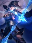  1girl arrow ashe_(league_of_legends) black_dress blue_eyes boots bow_(weapon) breasts cape dress fingerless_gloves gloves glowing glowing_weapon hood league_of_legends long_hair marisa_oh medium_breasts pauldrons silver_hair solo thigh-highs thigh_boots watermark weapon web_address 