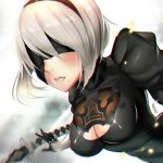  1girl alcoholrang black_gloves blindfold breasts cleavage gloves lips medium_breasts nier_(series) nier_automata short_hair solo sword weapon white_hair yorha_unit_no._2_type_b 