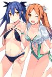  2girls bikini black_bikini black_swimsuit blue_hair breasts brown_hair casual_one-piece_swimsuit character_request cleavage green_swimsuit long_hair medium_breasts multiple_girls noe_(mabue) one-piece_swimsuit orange_eyes phantasy_star phantasy_star_online_2 quna_(pso2) shirt swimsuit tied_shirt twintails under_boob 