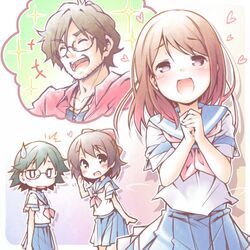  /\/\/\ 1boy 3girls :d ^_^ blush bow brown_hair closed_eyes commentary_request extra from_side glasses hair_bow half_updo hashimoto_masahiro heart hibike!_euphonium inoue_junna jitome jpeg_artifacts kamaya_tsubame kibushi looking_to_the_side multiple_girls neckerchief open_mouth own_hands_together pleated_skirt red_bow sakai_masako school_uniform serafuku short_hair skirt smile sparkle sweatdrop thought_bubble violet_eyes 