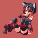  1girl animal_hood black_hair borokuro cat_hood highres hood licking litten_(pokemon) looking_at_viewer multicolored_hair personification pokemon red_background redhead shoes short_hair sitting sneakers solo striped striped_legwear thigh-highs tongue tongue_out 