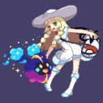  1girl :d bag bangs bare_arms blonde_hair blue_shoes blunt_bangs braid breasts collared_dress cosmog dress duffel_bag full_body green_eyes handbag hat kneehighs legendary_pokemon lillie_(pokemon) long_hair lowres open_mouth pixel_art poke_ball_theme pokemon pokemon_(creature) pokemon_(game) pokemon_sm purple_background see-through shirokuro_(oyaji) shoes simple_background sleeveless sleeveless_dress small_breasts smile solo strap sun_hat sundress tongue twin_braids white_dress white_hat white_legwear 