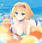  1girl ahoge alice_margatroid ass bangs bare_shoulders bikini blonde_hair blue_bikini blue_eyes blush bow breasts butt_crack choker cleavage closed_mouth collarbone eyebrows eyebrows_visible_through_hair fingernails frills front-tie_bikini front-tie_top hair_between_eyes hair_bow hairband innertube large_breasts lolita_hairband long_fingernails looking_at_viewer ocean open_mouth partially_submerged red_bow shanghai_doll short_hair smile star star_print string_bikini swimsuit touhou water wet youl 