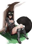  1girl animal_ears armor black_hair black_skirt boots breasts cleavage domino_mask gloves goggles goggles_on_head grass greaves green_eyes highres knee_boots large_breasts less looking_at_viewer mask on_ground original pauldrons raccoon_ears raccoon_tail sitting skirt solo tail thighs tree vambraces 