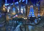  bridge building city city_lights cityscape clouds dark fantasy lamppost light_particles magic night no_humans original ox_(baallore) river scenery sky stained_glass stairs water waterfall 