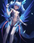  1girl 2016 anivia artist_name bangs bare_shoulders blue blue_background blue_hair bracer breasts center_opening elbow_gloves eyelashes feathered_wings from_below gloves head_wings highres league_of_legends legs_apart leotard light_particles long_hair looking_at_viewer magical_girl mool_yuegang motion_blur navel parted_lips personification red_eyes shade sleeveless small_breasts snowflakes solo stomach tail thigh-highs twintails white_gloves white_legwear wings 