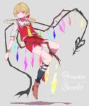  1boy adapted_costume artist_request black_legwear blonde_hair bow brown_shoes character_name closed_mouth flandre_scarlet floating full_body genderswap genderswap_(ftm) grey_background hair_bow laevatein long_hair necktie ponytail red_bow red_eyes red_shorts shoes shorts simple_background touhou vest wings yellow_necktie 