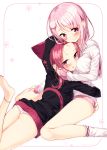  2girls :&gt; animal_hood anklet arm_around_waist ass barefoot between_breasts blush closed_mouth cover cover_page doujin_cover english eyebrows eyebrows_visible_through_hair hair_ornament hand_on_another&#039;s_cheek hand_on_another&#039;s_face head_between_breasts head_tilt highres hood hoodie hug jewelry kneehighs leg_up long_hair lying multiple_girls mutual_hug nail_polish no_pants number on_stomach original panties pantyshot pantyshot_(lying) parted_lips pink pink_eyes pink_hair pink_nails sakuragi_ren short_hair sitting sleeves_past_wrists star_necklace striped striped_panties toenail_polish underwear wariza white_background white_legwear x_hair_ornament yuri 