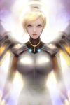  1girl alternate_eye_color bangs blonde_hair breastplate breasts closed_mouth expressionless eyelashes hair_ornament headgear high_ponytail highres large_breasts lips lipstick looking_at_viewer makeup mechanical_halo mechanical_wings mercy_(overwatch) nose overwatch pink_lips pink_lipstick short_ponytail solo upper_body violet_eyes wings 