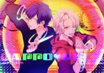  2boys barcode blue_eyes blue_hair bracelet dapo_rock_(vocaloid) glowstick hair_ornament hairclip hands_together heart holding ikuhiro_(19nnnkti16) jewelry looking_at_viewer mafumafu male_focus multiple_boys niconico red_eyes song_name soraru twitter_username upper_body x_hair_ornament 