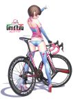  1girl 2016 ad ass back bangs bare_shoulders bicycle bike_jersey blue_legwear blunt_bangs blush breasts brown_hair closed_mouth clothes_writing commentary_request elbow_gloves fingerless_gloves from_behind full_body gloves ground_vehicle halter_top halterneck high_heels hitomi_kazuya kneepits legs_apart looking_at_viewer medium_breasts midriff original outstretched_arm pointing print_legwear profile red_eyes shadow short_hair simple_background skin_tight skindentation smile solo standing thigh-highs twitter_username white_background 