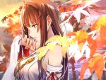  1girl ahoge autumn_leaves baffu bare_shoulders breasts brown_hair closed_mouth clouds commentary_request detached_sleeves from_side hand_up headgear_removed highres japanese_clothes kantai_collection kongou_(kantai_collection) leaf lips long_hair long_sleeves maple_leaf medium_breasts nontraditional_miko ocean sidelocks smile solo sunset violet_eyes wide_sleeves 