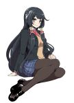  1girl black_hair blazer blush breasts brown_eyes hair_ornament hair_ribbon hair_tubes hanauna highres jacket kantai_collection long_hair mizuho_(kantai_collection) pantyhose ribbon school_uniform sitting smile solo sweater_vest very_long_hair 