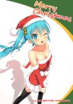  1girl black_legwear blue_eyes blue_hair breasts cleavage collarbone detached_sleeves from_behind hat hatsune_miku kuro-kun_(nablack) long_hair one_eye_closed open_mouth red_hat red_shirt santa_costume santa_hat shirt skirt solo strapless thigh-highs twintails vocaloid white_skirt 