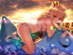  1girl ass bangs bare_shoulders bikini blonde_hair blue_boots blush boots ccc clouds cloudy_sky commentary_request crown hair_ornament inflatable_toy kafuru_(senran_kagura) long_hair looking_at_viewer lying ocean outdoors red_eyes senran_kagura senran_kagura_(series) side-tie_bikini sky solo sunset swimsuit water wet 