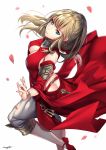  1girl aruma_jiki ass blue_eyes breasts character_request dress earrings fighting fighting_stance final_fantasy final_fantasy_xiv jewelry long_hair looking_at_viewer open_clothes red_dress red_shoes shoes 