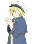  1boy bandage bandage_over_one_eye blonde_hair blue_jacket brown_eyes cel_shading commentary_request hands_clasped hat ichi_ka jacket looking_at_viewer oliver_(vocaloid) one_eye_covered sailor_hat short_hair signature smile solo vocaloid 