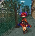  1girl black_shirt black_shoes blue_bow blue_sky bow building clouds commentary_request disembodied_head hair_between_eyes hair_bow hand_on_hip isu_(is88) long_sleeves looking_at_viewer lowres pavement pixel_art pleated_skirt red_cape red_eyes red_skirt redhead river sekibanki shirt shoes short_hair skirt sky solo touhou village willow 