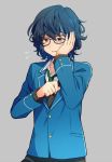  1boy aoba_tsumugi blazer blue_hair blush brown_eyes ensemble_stars! glasses jacket male_focus necktie school_uniform short_hair solo take_no_ko 