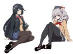  2girls black_hair blazer blue_eyes blush breasts brown_eyes cardigan hair_ornament hair_ribbon hair_tubes hanauna highres jacket kantai_collection kashima_(kantai_collection) long_hair mizuho_(kantai_collection) multiple_girls pantyhose ribbon school_uniform silver_hair sitting skirt smile sweater_vest thighband_pantyhose tsurime very_long_hair wavy_hair 