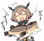  1girl ^_^ ^o^ brown_hair closed_eyes commentary_request fish gloves headgear holding_fish kanikama kantai_collection mutsu_(kantai_collection) open_mouth short_hair simple_background translation_request upper_body white_background white_gloves 