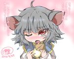  1girl ahoge animal_ears blush capelet commentary_request grey_hair long_sleeves mouse_ears nazrin noai_nioshi nose_blush one_eye_closed open_mouth pagoda red_eyes shirt touhou translation_request white_shirt 