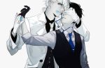  2boys arm_at_side bangs black_gloves black_hair black_shirt black_vest blue-framed_eyewear blue_necktie coat collared_shirt covering_eyes dress_shirt en_(enxxx) formal glasses glasses_removed gloves hand_over_another&#039;s_eyes hand_up head_to_head katsuki_yuuri lipstick_mark long_sleeves looking_at_viewer male_focus monochrome mouth_hold multiple_boys necktie open_clothes open_coat outstretched_arm parted_lips profile shirt simple_background sleeves_rolled_up spot_color unbuttoned undressing upper_body vest viktor_nikiforov white_background white_coat white_hair white_necktie white_shirt yaoi yuri!!!_on_ice 