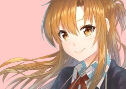  1girl :&gt; asuna_(sao) botamochi_(botamochi_art) braid brown_eyes brown_hair close-up french_braid half_updo highres long_hair red_ascot school_uniform smile sword_art_online 