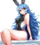  1girl animal_ears blue_hair blush breasts brown_eyes covered_nipples ferry_(granblue_fantasy) granblue_fantasy long_hair looking_at_viewer one-piece_swimsuit open_mouth sitting solo swimsuit tenken_(gotannda) very_long_hair 
