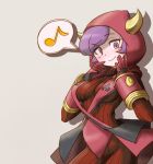 1girl blush breasts commentary_request fake_horns gloves hood hoodie horned_headwear kagari_(pokemon) kagari_(pokemon)_(remake) looking_at_viewer musical_note pokemon pokemon_(game) pokemon_oras purple_hair ribbed_sweater short_hair simple_background solo speech_bubble sweater team_magma uniform violet_eyes 