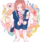  1boy 2016 artist_name bag candy candy_wrapper cookie emblem food hair_ornament hairclip heart heart-shaped_food holding houchou_toushirou ikuhiro_(19nnnkti16) leaning_forward lollipop male_focus military military_uniform satchel shorts solo spoken_heart swirl_lollipop touken_ranbu uniform 