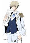  1boy blonde_hair closed_mouth cosplay ensemble_stars! epaulettes fine_(ensemble_stars!) higekiri_(touken_ranbu) himemiya_touri himemiya_touri_(cosplay) holding idol jacket_on_shoulders looking_at_viewer male_focus microphone paper sheet_music simple_background smile touken_ranbu waistcoat white_background 