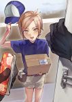  1boy bangs baseball_cap black_gloves box brown_eyes brown_hair delivery from_above gloves hair_ornament hairclip hat highres houchou_toushirou looking_at_viewer male_focus mugentansan opening_door parted_bangs polo_shirt pov short_hair smile touken_ranbu uniform 